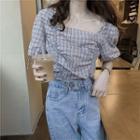Color-block Plaid Puff-sleeve Blouse Blue - One Size