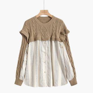 Mock Two-piece Knit Panel Shirt Shirt - Khaki - One Size
