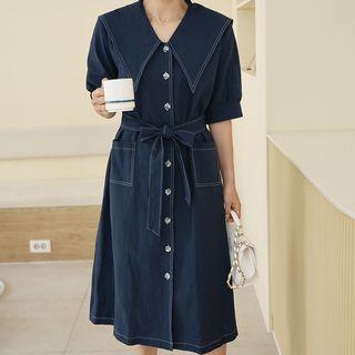 Pointy-collar Long Shirtdress