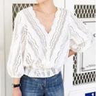 Puff-sleeve V-neck Perforated Blouse