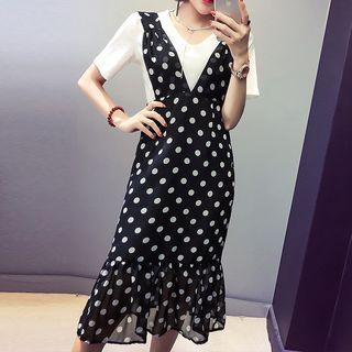 Set: Short Sleeve T-shirt + Dotted Midi Pinafore Dress