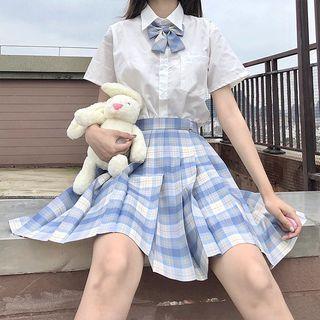 Plaid Pleated Skirt / Short-sleeve Shirt / Bow / Set