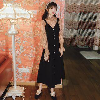 Set: Bell-sleeve Dotted Blouse + Midi Pinafore Dress