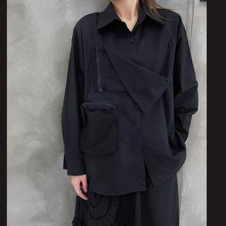 Long Sleeve Pocket Asymmetrical Shirt Black - One Size