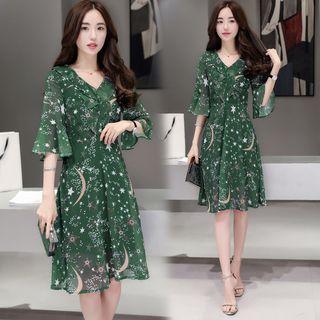 Ruffle Elbow-sleeve Patterned Chiffon Dress