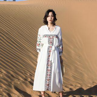 Short-sleeve Embroidered A-line Midi Tunic Dress