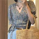 Puff-sleeve V-neck Floral Drawstring Blouse As Shown In Figure - One Size