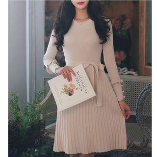 Beaded Long-sleeve Midi A-line Knit Dress