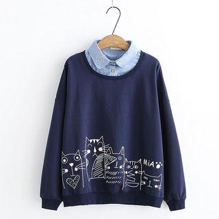 Mock Two-piece Cat Print Pullover / Car Ear Print Short-sleeve T-shirt