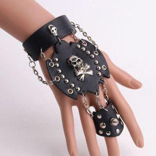 Skull Studded Faux Leather Ring Bracelet Black - One Size