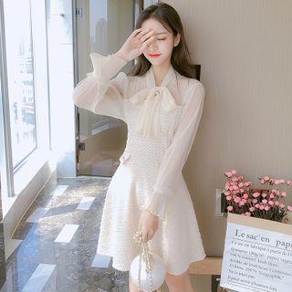 Tie-neck Bell-sleeve Mini A-line Mesh Dress