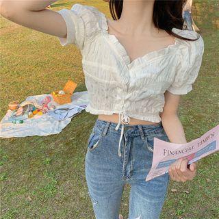 Frilled V-neck Short-sleeve Cropped Top White - One Size