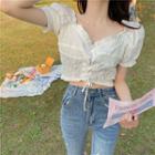 Frilled V-neck Short-sleeve Cropped Top White - One Size