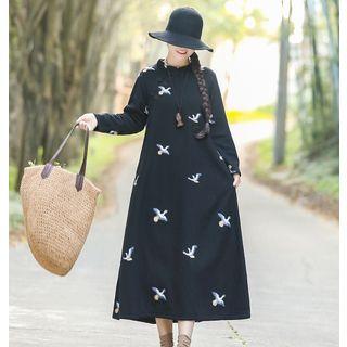 Crane Embroidered Long-sleeve Midi Shift Dress