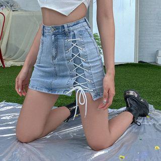 Fitted Lace-up Denim Mini Skirt