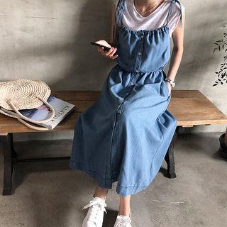 Spaghetti-strap Buttoned Denim Long Dress