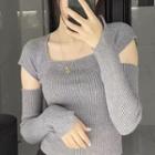 Set: Short-sleeve Ribbed Knit Top + Arm Sleeves