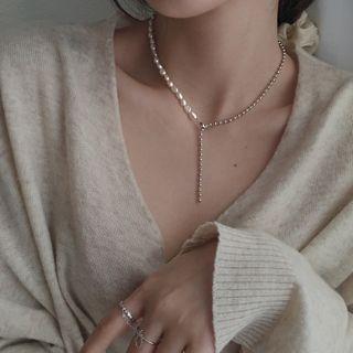 Pearl Asymmetrical Y Necklace 925 Silver - Silver - One Size
