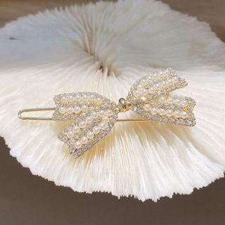 Bow Faux Pearl Hair Clip Bow - Gold - One Size