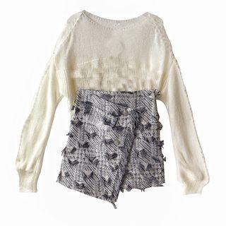 Set: Plain Sweater + Tweed Wrap Skirt