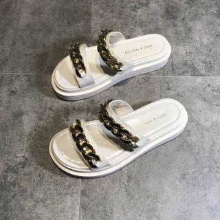 Chain Strap Platform Flat Slide Sandals