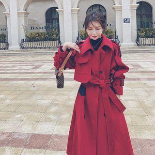 Color Panel Double-breasted Notch Lapel Long Wool Jacket