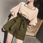 Set: Elbow-sleeve Blouse + Wide Leg Shorts