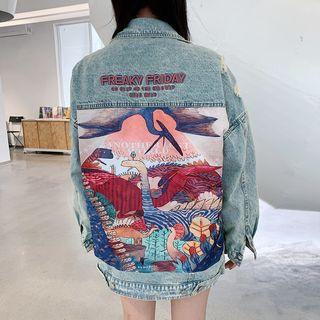 Couple Matching Ripped Printed Buttoned Denim Jacket