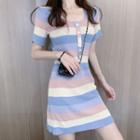Short-sleeve Color Block Knit Mini A-line Dress