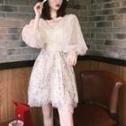 Puff Sleeve V-neck Glitter Dress