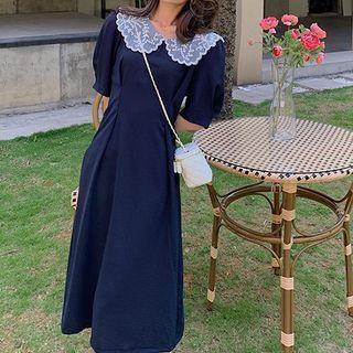 Short Sleeve Embroidered Collar Plain Shift Dress