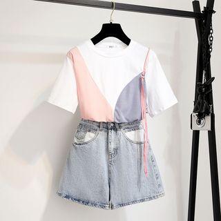 Set: Short-sleeve Color Block T-shirt + Denim Shorts