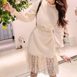 Lace Panel Furry Long-sleeve Dress
