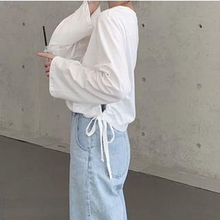 Cutout Drawstring Long-sleeve Plain Top