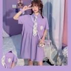 Applique Pocketed Short-sleeve Dress Purple - One Size