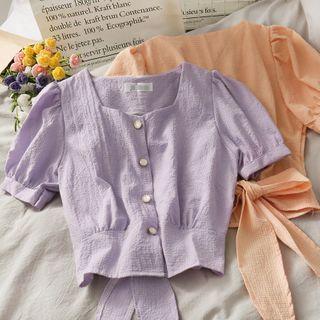 Embossed Ribbon-back Checker Crop Blouse