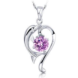 925 Sterling Silver Dolphin Pendant With Purple Cubic Zircon And 40cm Necklace