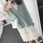 Set: Long-sleeve Midi A-line Dress + Button Knit Vest