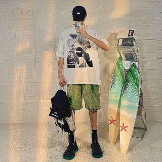 Elbow-sleeve Crew Neck Printed Loose Fit T-shirt