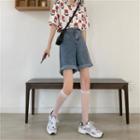 Flower Print Elbow-sleeve Shirt / High-waist Denim Shorts