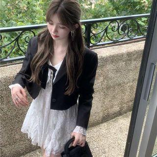 Set: Spaghetti Strap Lace A-line Dress + Light Jacket