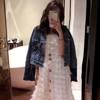 Denim Jacket / Sleeveless Fringed A-line Dress