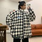 Stand Collar Checkerboard Fleece Jacket