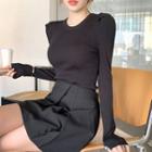 Plain / Stripe Puff-sleeve Knit Top