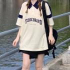 Elbow-sleeve Collar Lettering T-shirt / Asymmetrical Mini A-line Skirt / Set