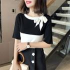 Elbow-sleeve Contrast-color Bow-accent Knit Top