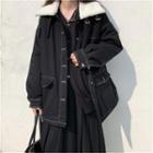 Fleece Collar Contrast Stitching Jacket Black - One Size