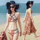 Set: Strappy Print Halter Bikini Top + Print Swim Bottom + Spaghetti-strap Print Sundress