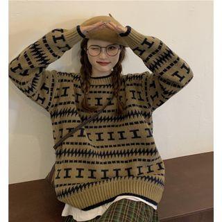 Round Neck Striped Sweater Dark Green - One Size