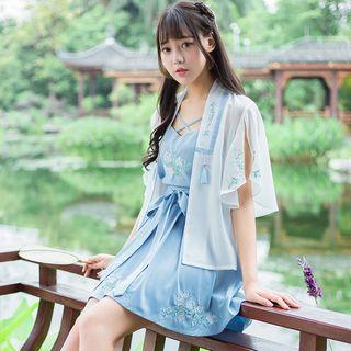 Hanfu Set: Short-sleeve Light Jacket + Camisole Top + A-line Skirt